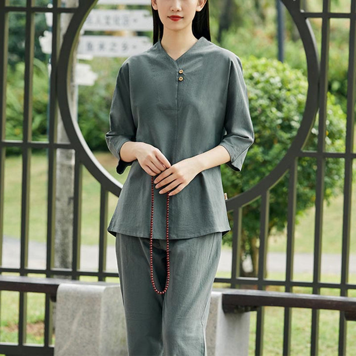 Buddha Stones 2Pcs Shirt Top Pants Meditation Zen Tai Chi Cotton Linen Clothing Women's Set - Green(Top&Pants) - US8-10，UK/AU12-14，EU40-42 (2XL) - image 17