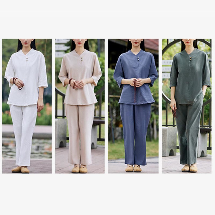 Buddha Stones 2Pcs Shirt Top Pants Meditation Zen Tai Chi Cotton Linen Clothing Women's Set - image 20