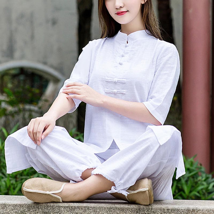 Buddha Stones 2Pcs Half Sleeve Shirt Top Pants Meditation Zen Tai Chi Linen Clothing Women's Set