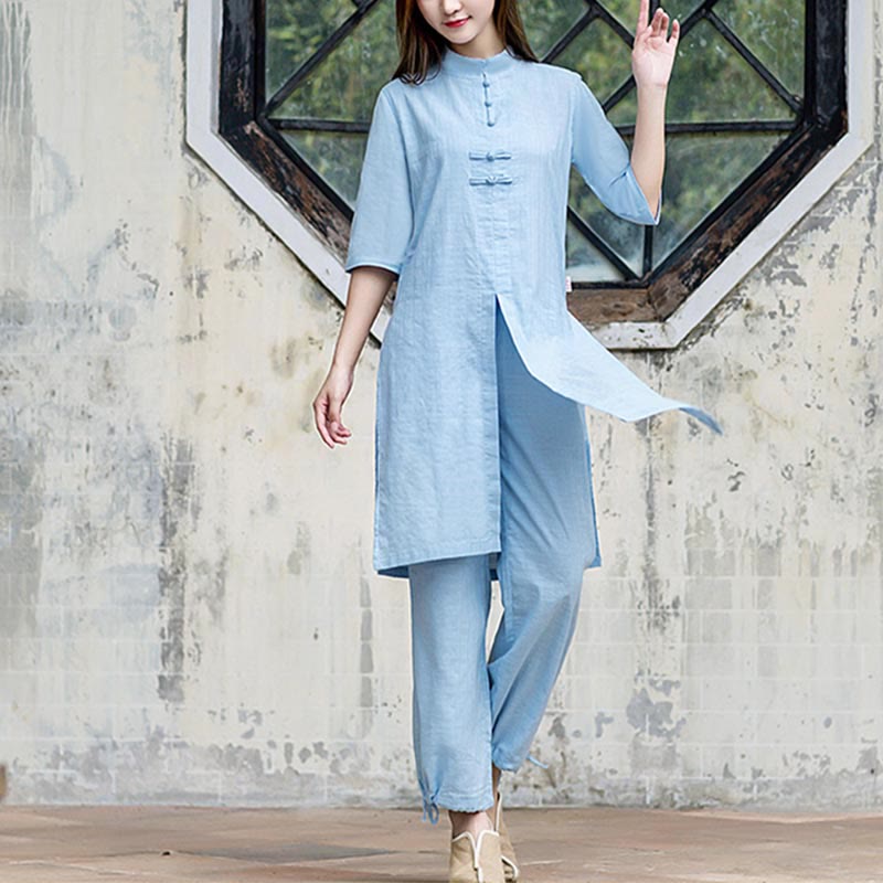 Buddha Stones 2Pcs Half Sleeve Shirt Top Pants Meditation Zen Tai Chi Linen Clothing Women's Set