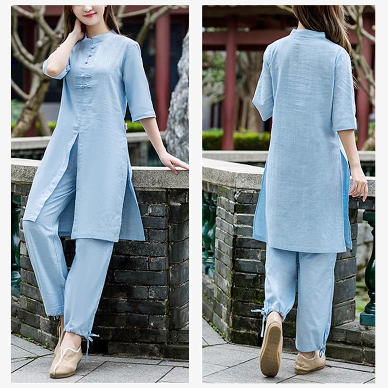 Buddha Stones 2Pcs Half Sleeve Shirt Top Pants Meditation Zen Tai Chi Linen Clothing Women's Set