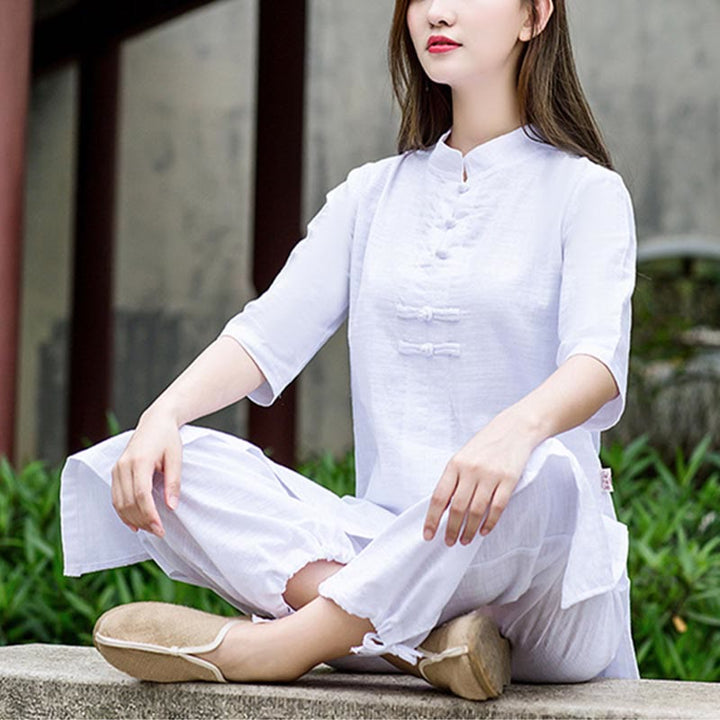 Buddha Stones 2Pcs Half Sleeve Shirt Top Pants Meditation Zen Tai Chi Linen Clothing Women's Set