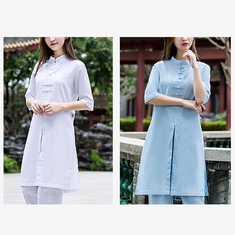 Buddha Stones 2Pcs Half Sleeve Shirt Top Pants Meditation Zen Tai Chi Linen Clothing Women's Set