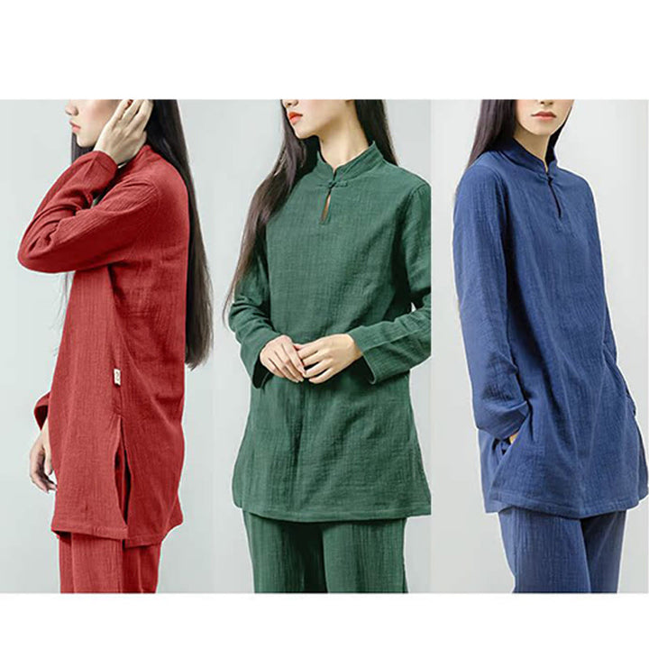 Buddha Stones 2Pcs Tang Suit Frog-Button Shirt Top Pants Meditation Zen Tai Chi Cotton Linen Clothing Women's Set