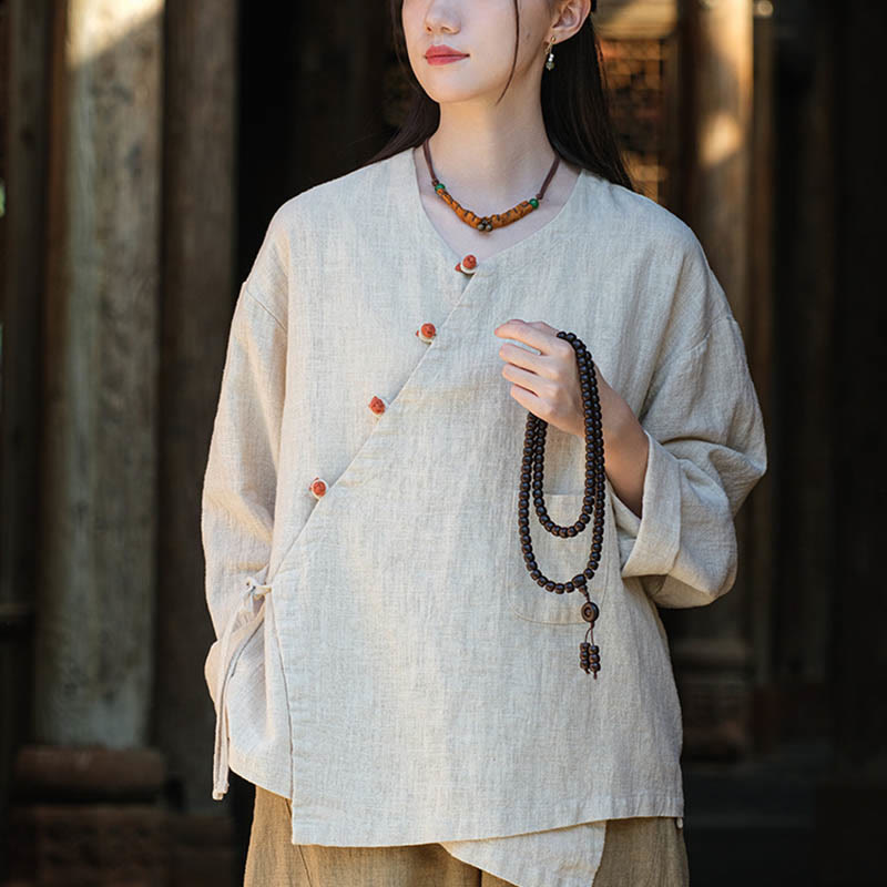 Buddha Stones Solid Color Ramie Linen Loose Blouse Long Sleeve Shirt Chinese Hanfu Top - Beige(Bust 116cm)(Top Only) - image 0