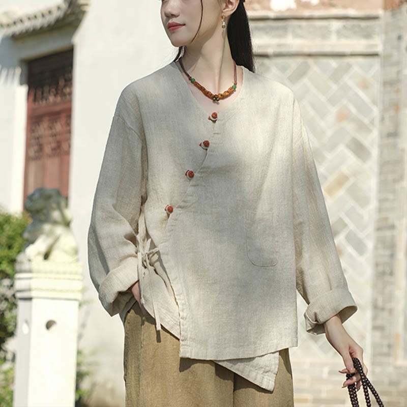 Buddha Stones Solid Color Ramie Linen Loose Blouse Long Sleeve Shirt Chinese Hanfu Top - image 5