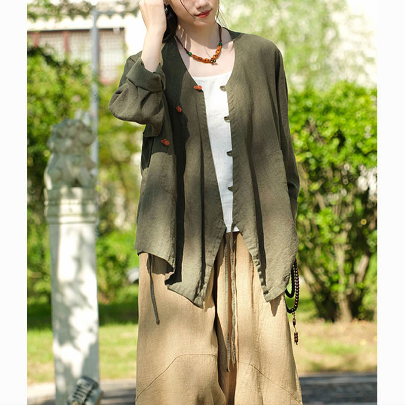 Buddha Stones Solid Color Ramie Linen Loose Blouse Long Sleeve Shirt Chinese Hanfu Top - image 14