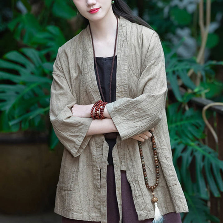 Buddha Stones Hanfu Design Three Quarter Sleeve Ramie Linen Coat Open Front Top Jacket