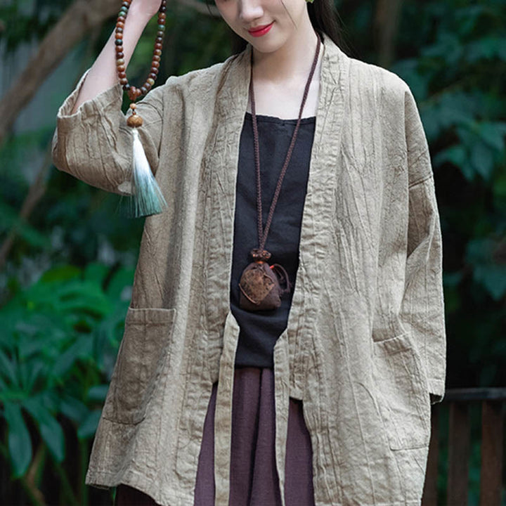 Buddha Stones Hanfu Design Three Quarter Sleeve Ramie Linen Coat Open Front Top Jacket