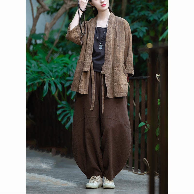 Buddha Stones Hanfu Design Three Quarter Sleeve Ramie Linen Coat Open Front Top Jacket - image 25