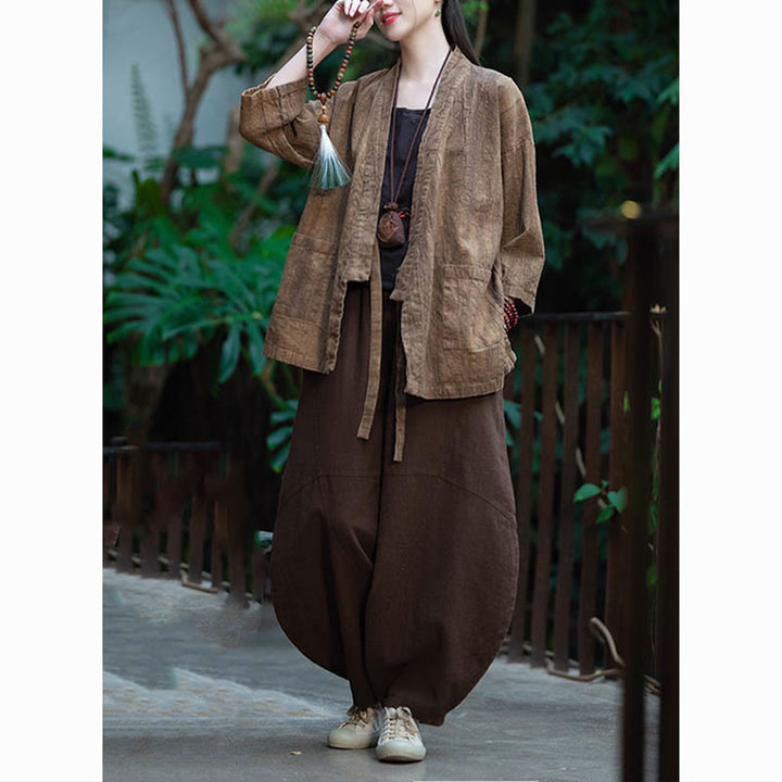 Buddha Stones Hanfu Design Three Quarter Sleeve Ramie Linen Coat Open Front Top Jacket