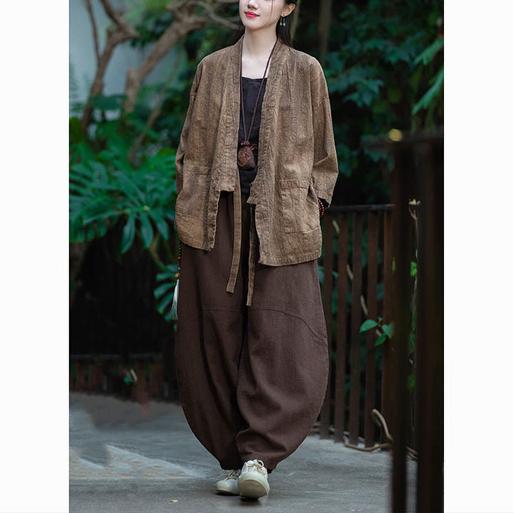 Buddha Stones Hanfu Design Three Quarter Sleeve Ramie Linen Coat Open Front Top Jacket