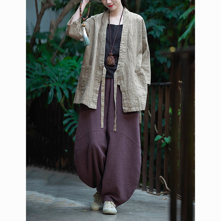 Buddha Stones Hanfu Design Three Quarter Sleeve Ramie Linen Coat Open Front Top Jacket