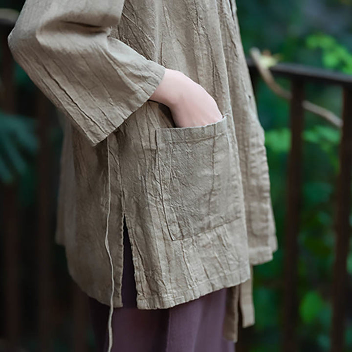 Buddha Stones Hanfu Design Three Quarter Sleeve Ramie Linen Coat Open Front Top Jacket - image 11
