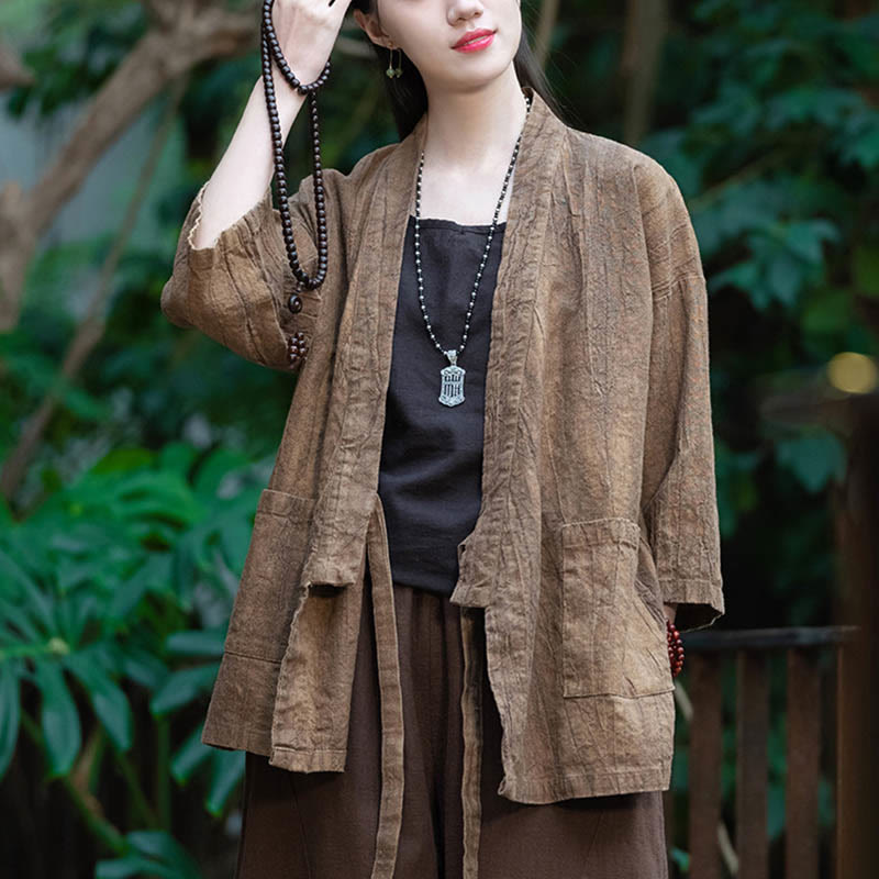 Buddha Stones Hanfu Design Three Quarter Sleeve Ramie Linen Coat Open Front Top Jacket - image 14