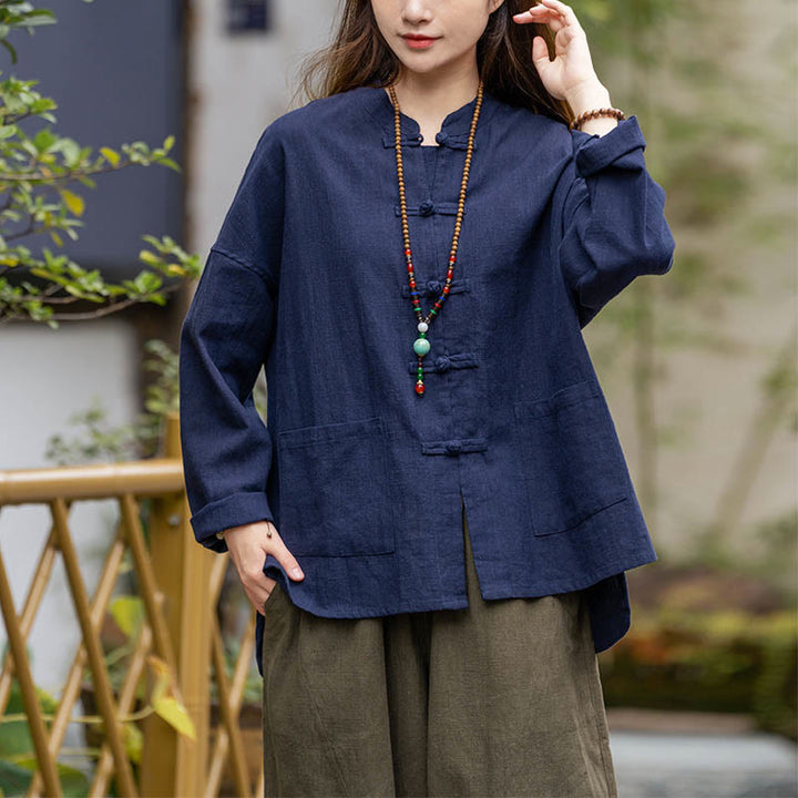 Buddha Stones Frog-Button Design Shirt Tai Chi Meditation Top Clothing Ramie Linen Jacket - Blue(Bust 128cm)(Top Only) - image 7