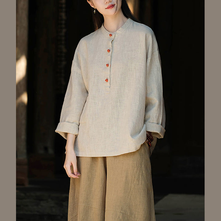 Buddha Stones Solid Color Loose Button Blouse Long Sleeve Shirt Top - image 17