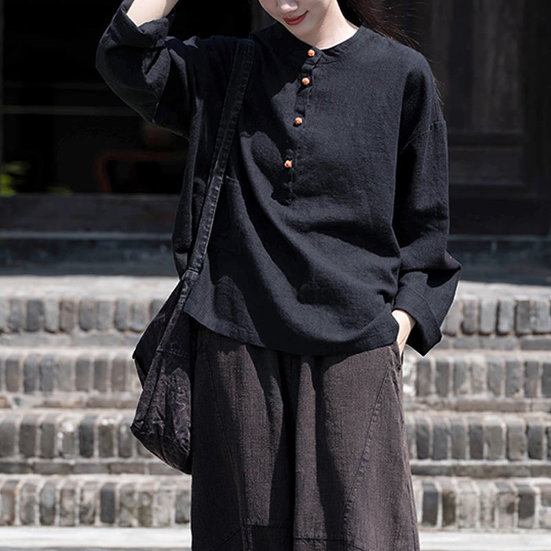 Buddha Stones Solid Color Loose Button Blouse Long Sleeve Shirt Top - image 30