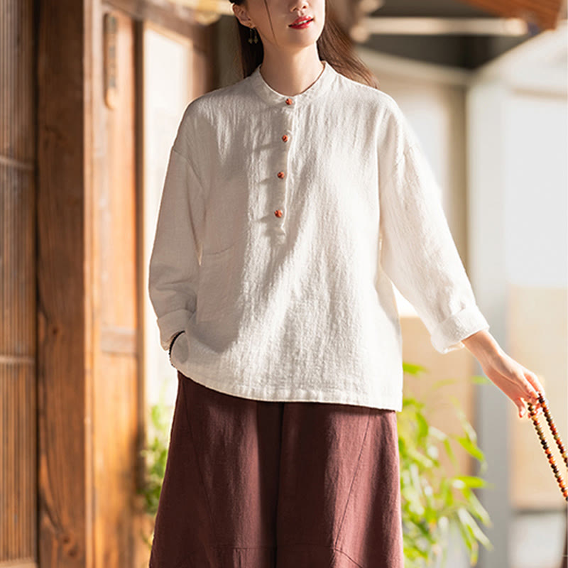 Buddha Stones Solid Color Loose Button Blouse Long Sleeve Shirt Top - image 4