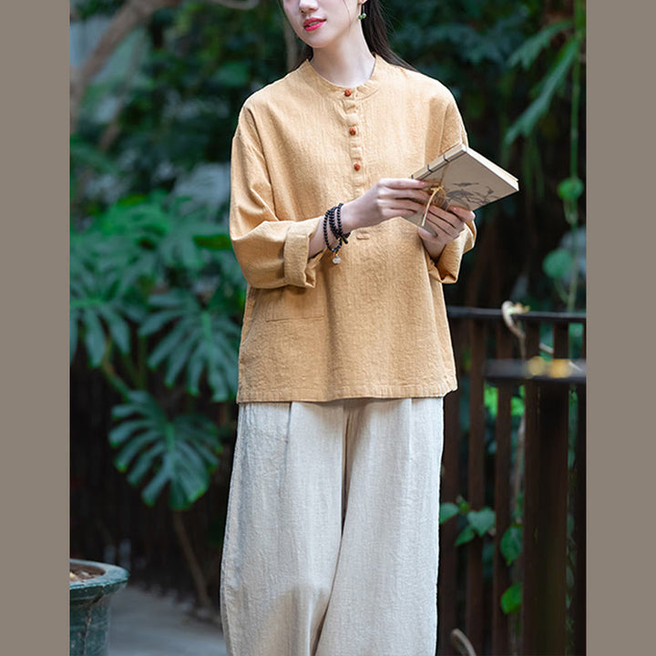 Buddha Stones Solid Color Loose Button Blouse Long Sleeve Shirt Top - image 43