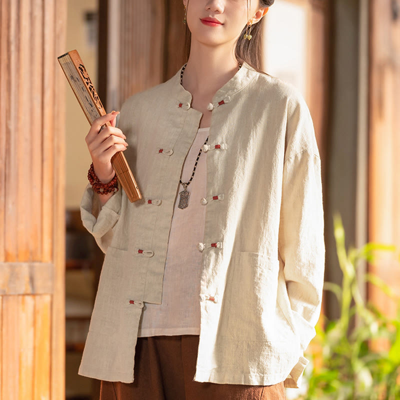 Buddha Stones Frog-Button Shirt Zen Meditation Top Clothing Cotton Linen Jacket - Beige(Bust 120cm)(Top Only) - image 0