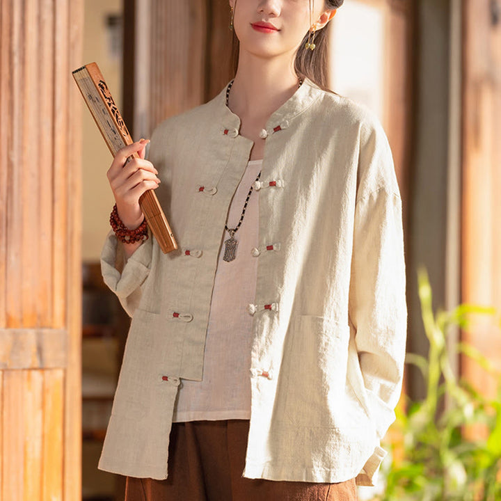 Buddha Stones Frog-Button Shirt Zen Meditation Top Clothing Cotton Linen Jacket - Beige(Bust 120cm)(Top Only) - image 0