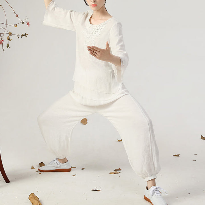 Buddha Stones 2Pcs Long Sleeve Frog-Button Meditation Prayer Zen Practice Tai Chi Uniform Clothing Women's Set - image 15