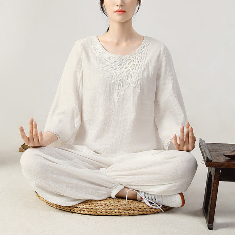 Buddha Stones 2Pcs Long Sleeve Frog-Button Meditation Prayer Zen Practice Tai Chi Uniform Clothing Women's Set - image 12
