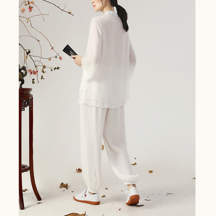 Buddha Stones 2Pcs Long Sleeve Frog-Button Meditation Prayer Zen Practice Tai Chi Uniform Clothing Women's Set - image 7