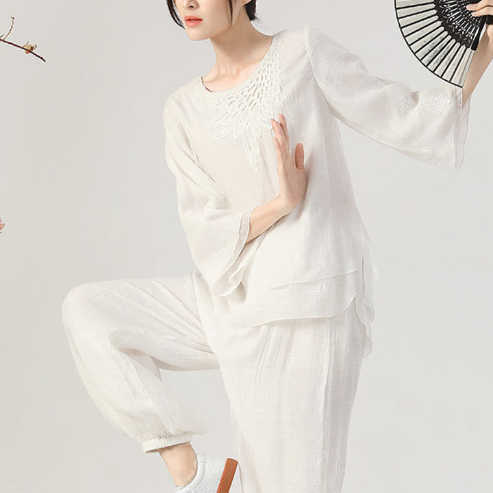 Buddha Stones 2Pcs Long Sleeve Frog-Button Meditation Prayer Zen Practice Tai Chi Uniform Clothing Women's Set - image 16