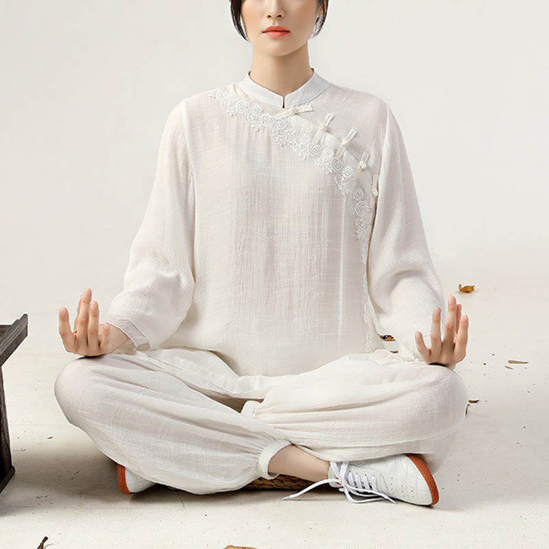 Buddha Stones 2Pcs Long Sleeve Frog-Button Meditation Prayer Zen Practice Tai Chi Uniform Clothing Women's Set - image 1