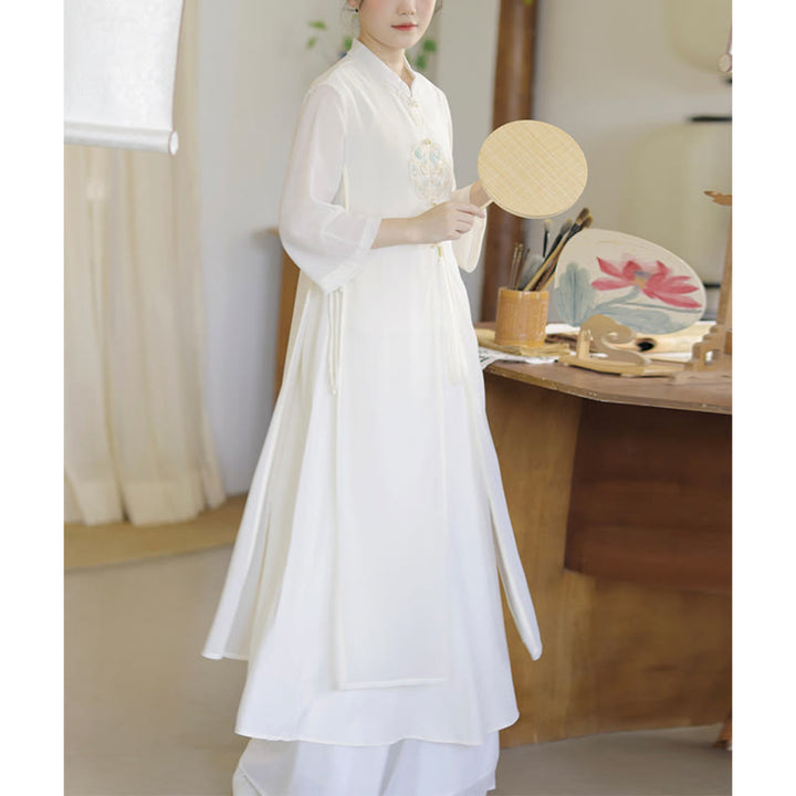 Buddha Stones Embroidery Chiffon Cheongsam Midi Dress Wide Leg Pants Meditation Zen Practice Clothing - Dress Only - US8-10，UK/AU12-14，EU40-42 (2XL) - image 0
