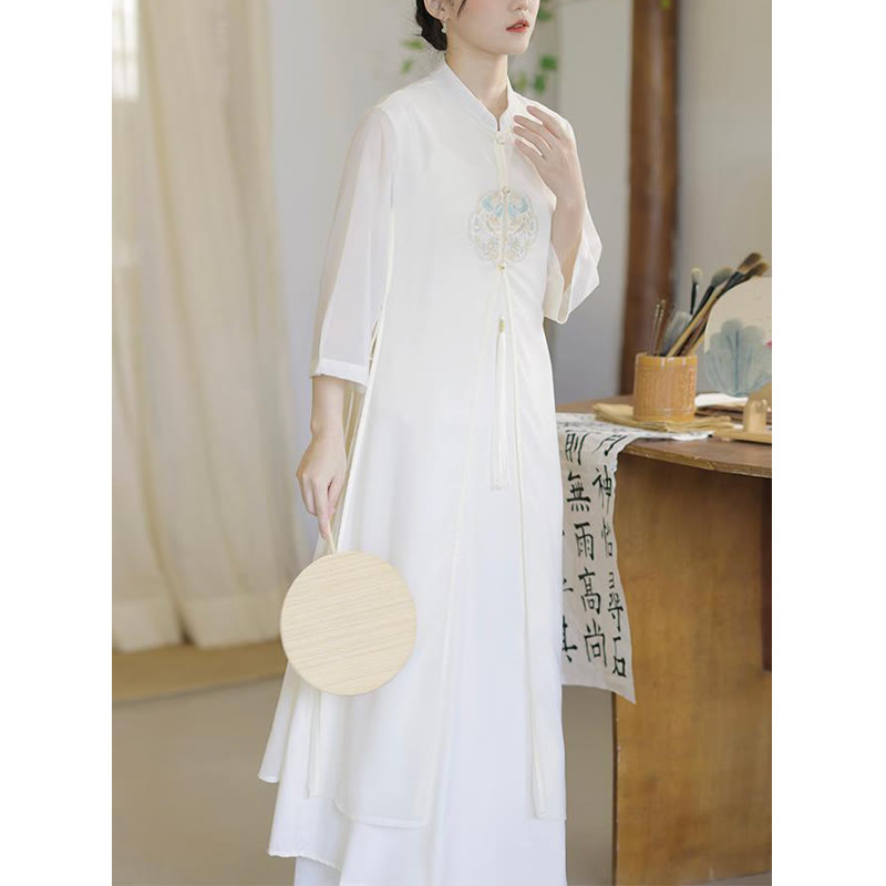 Buddha Stones Embroidery Chiffon Cheongsam Midi Dress Wide Leg Pants Meditation Zen Practice Clothing