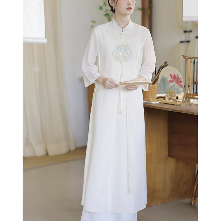 Buddha Stones Embroidery Chiffon Cheongsam Midi Dress Wide Leg Pants Meditation Zen Practice Clothing