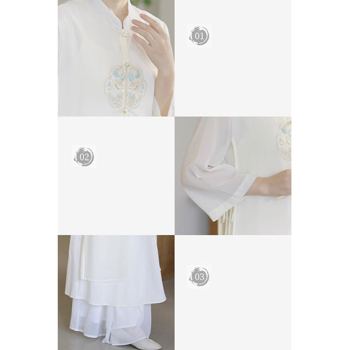 Buddha Stones Embroidery Chiffon Cheongsam Midi Dress Wide Leg Pants Meditation Zen Practice Clothing - image 14