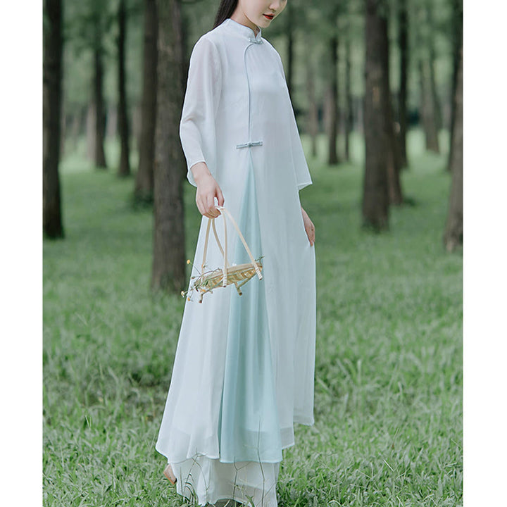 Buddha Stones Three Quarter Sleeve Chiffon Cheongsam Midi Dress Wide Leg Pants Meditation Zen Practice Clothing - image 7