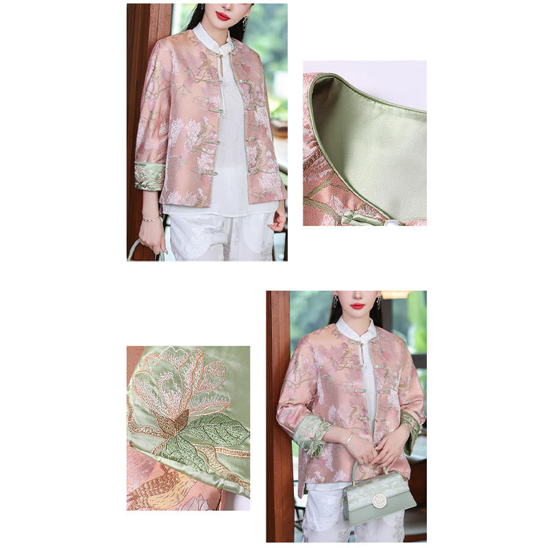 Buddha Stones Flower Embroidery Frog-Button Tang Suit Design Open Front Jacket