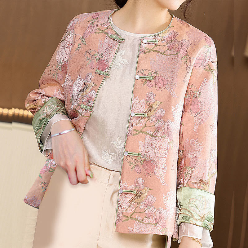 Buddha Stones Flower Embroidery Frog-Button Tang Suit Design Open Front Jacket