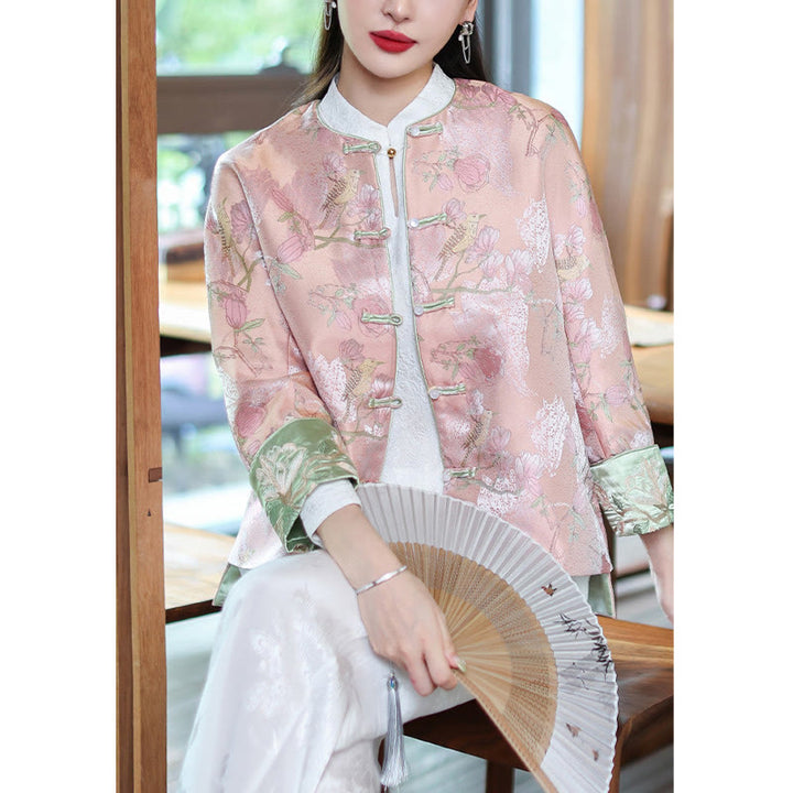 Buddha Stones Flower Embroidery Frog-Button Tang Suit Design Open Front Jacket