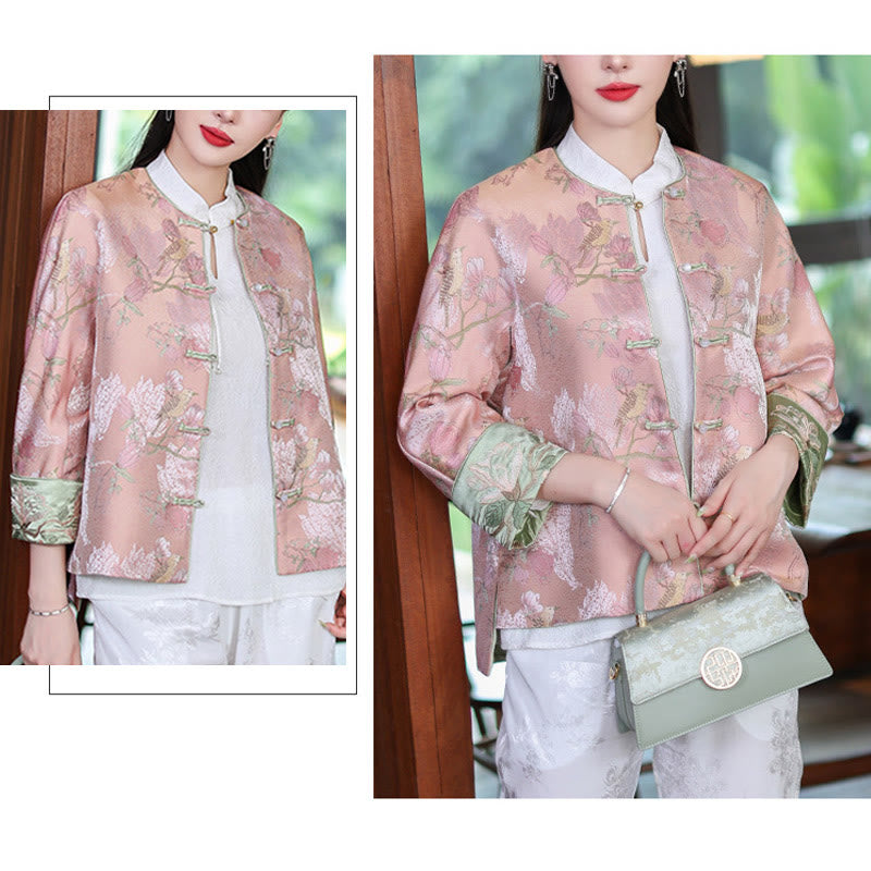 Buddha Stones Flower Embroidery Frog-Button Tang Suit Design Open Front Jacket