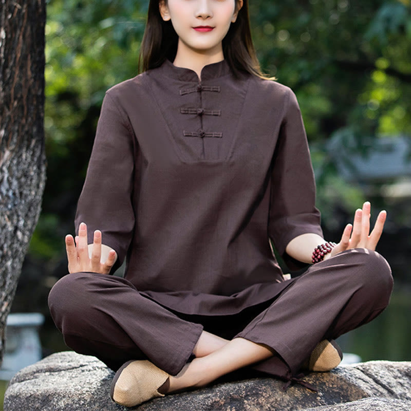 Buddha Stones 2Pcs Half Sleeve Shirt Top Pants Meditation Zen Tai Chi Cotton Linen Clothing Women's Set - Brown(Top&Pants) - US8-10，UK/AU12-14，EU40-42 (2XL) - image 22