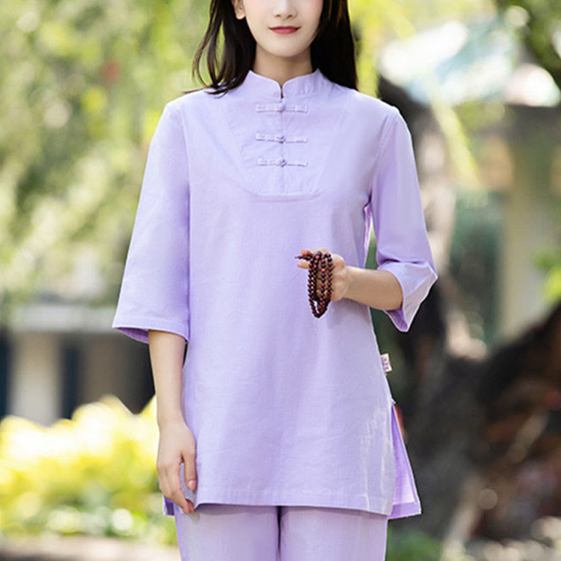 Buddha Stones 2Pcs Half Sleeve Shirt Top Pants Meditation Zen Tai Chi Cotton Linen Clothing Women's Set - image 10