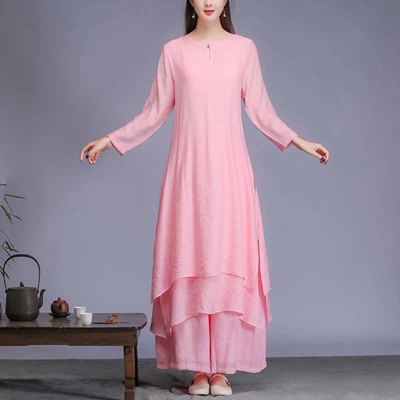 Buddha Stones 2Pcs Solid Color Midi Dress Wide Leg Pants Meditation Spiritual Zen Practice Yoga Dance Clothing - 2Pcs Pink(Dress&Pants) - US12，UK/AU16，EU44 (2XL)  - image 12
