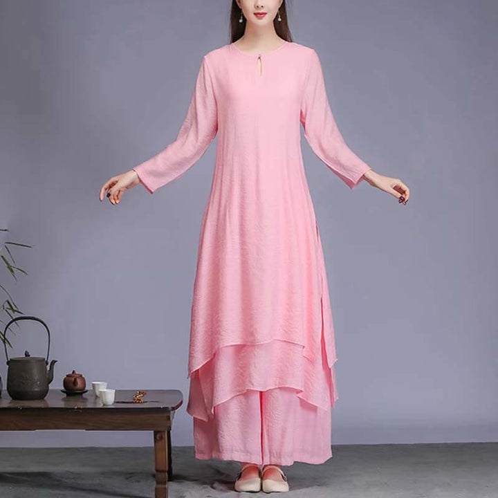 Buddha Stones 2Pcs Solid Color Midi Dress Wide Leg Pants Meditation Spiritual Zen Practice Yoga Dance Clothing - 2Pcs Pink(Dress&Pants) - US12，UK/AU16，EU44 (2XL)  - image 12