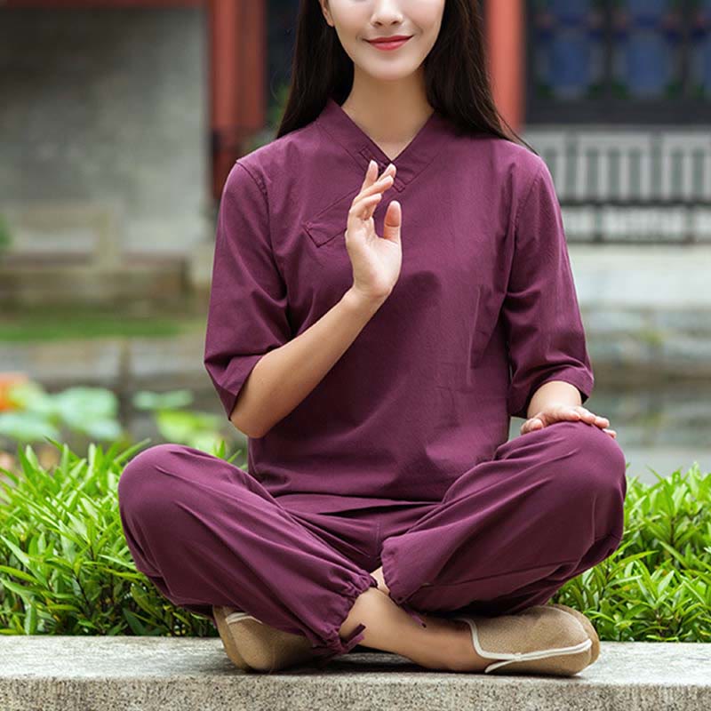 Buddha Stones 2Pcs Half Sleeve V-Neck Shirt Top Pants Meditation Zen Tai Chi Linen Clothing Women's Set - Burgundy(Top&Pants) - US8-10，UK/AU12-14，EU40-42 (2XL) - image 12