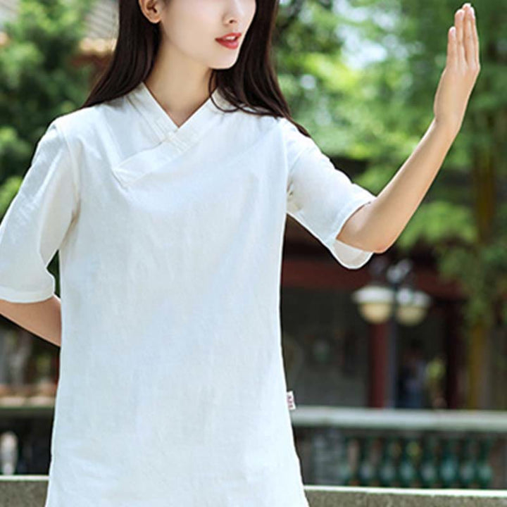 Buddha Stones 2Pcs Half Sleeve V-Neck Shirt Top Pants Meditation Zen Tai Chi Linen Clothing Women's Set - image 6