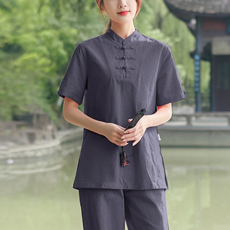 Buddha Stones 2Pcs Women's Short Sleeve Shirt Top T-Shirt Pants Meditation Zen Tai Chi Cotton Linen Clothing Set - Gray(Top&Pants) - US18，UK/AU22，EU50 (6XL) - image 5