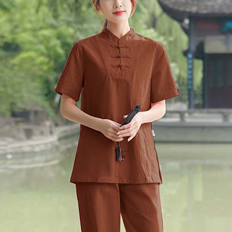 Buddha Stones 2Pcs Women's Short Sleeve Shirt Top T-Shirt Pants Meditation Zen Tai Chi Cotton Linen Clothing Set - Brown(Top&Pants) - US18，UK/AU22，EU50 (6XL) - image 11