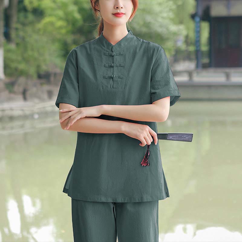 Buddha Stones 2Pcs Women's Short Sleeve Shirt Top T-Shirt Pants Meditation Zen Tai Chi Cotton Linen Clothing Set - Dark Green(Top&Pants) - US18，UK/AU22，EU50 (6XL) - image 13