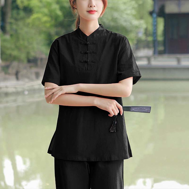Buddha Stones 2Pcs Women's Short Sleeve Shirt Top T-Shirt Pants Meditation Zen Tai Chi Cotton Linen Clothing Set - Black(Top&Pants) - US18，UK/AU22，EU50 (6XL) - image 14